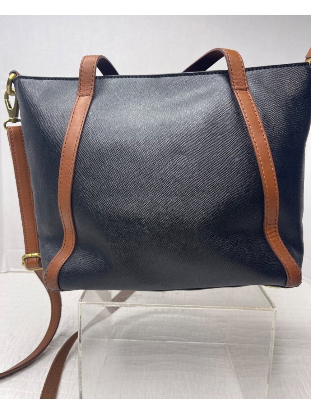 Fossil 1954 Black Brown Leather-Trimmed Classic Tote Bag Crossbody Strap - Picture 2 of 16